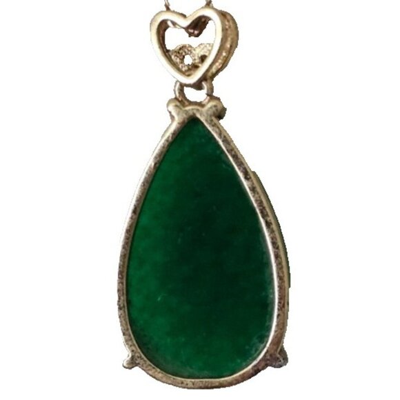 Gold Tone Jadeite Pendant 1" Teardrop, Heart Detail, Crystal Accent, 18" Chain - Picture 3 of 5